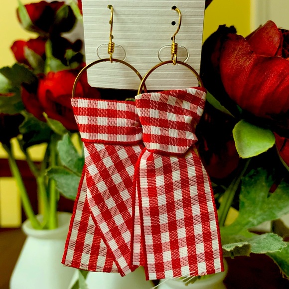 Plaid Red Ribbon Earrings - Picture 2 of 3